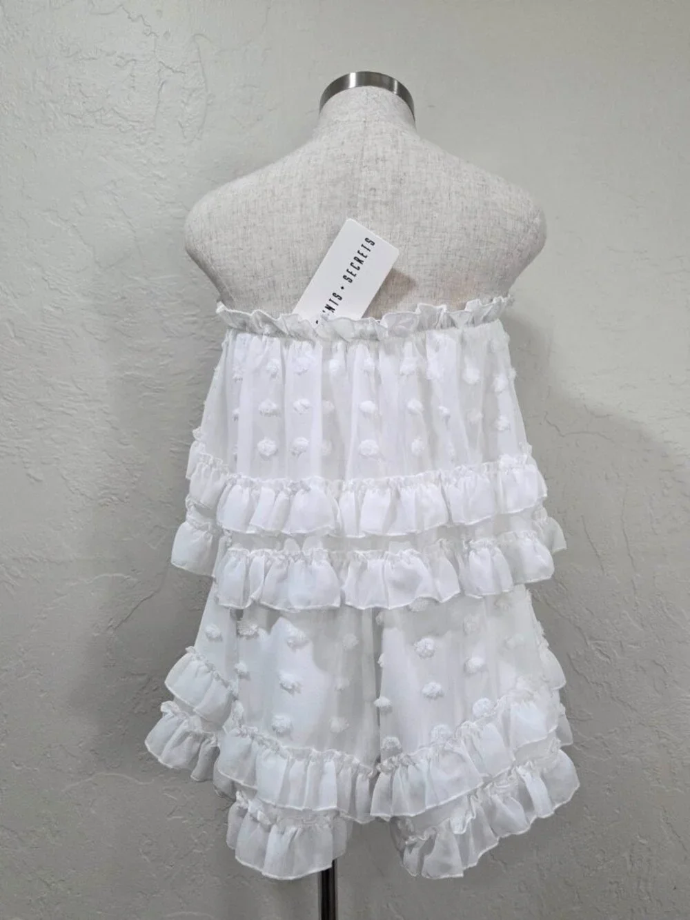 Swiss Dot Strapless Romper With Tiered‎ Ruffles